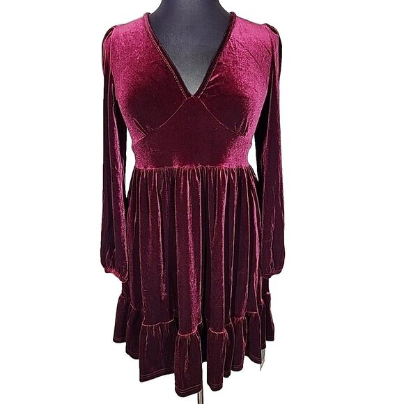 Halara Dresses & Skirts - Halara Burgundy Velvet Deep V Neck Long Sleeve Ruffle Hem Dress Size XL